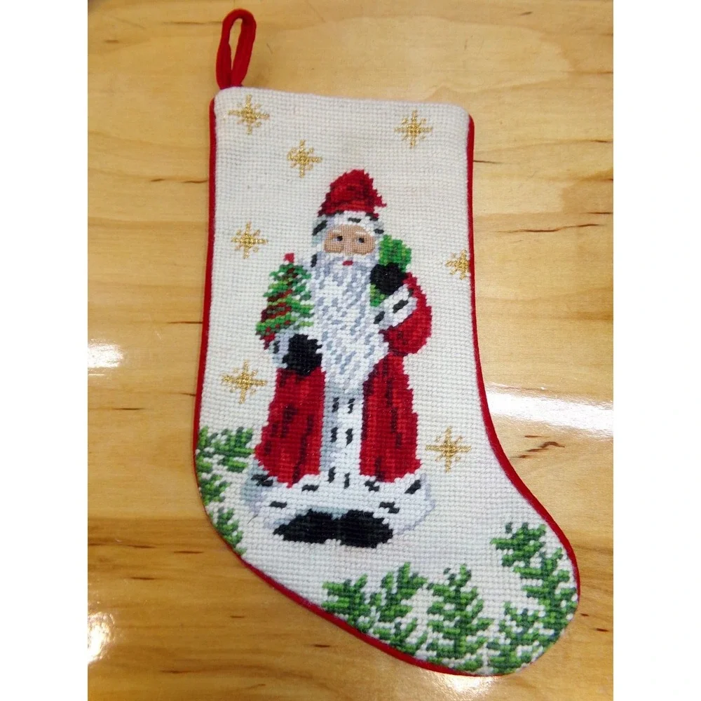 Vintage‎ Needlepoint Christmas Stocking Lot of 3 Santa Velvet Backing